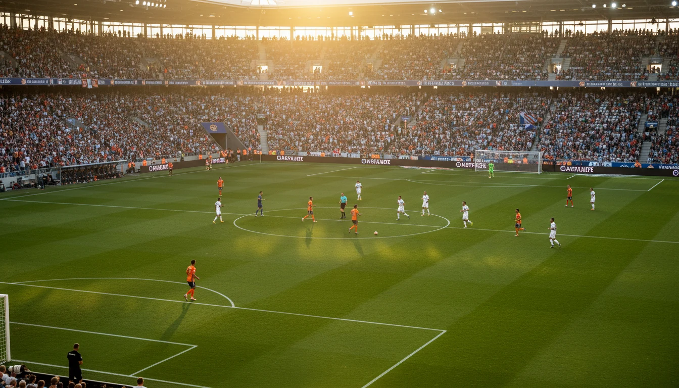 Voetbalstadion tijdens een wedstrijd met supporters op de tribunes
