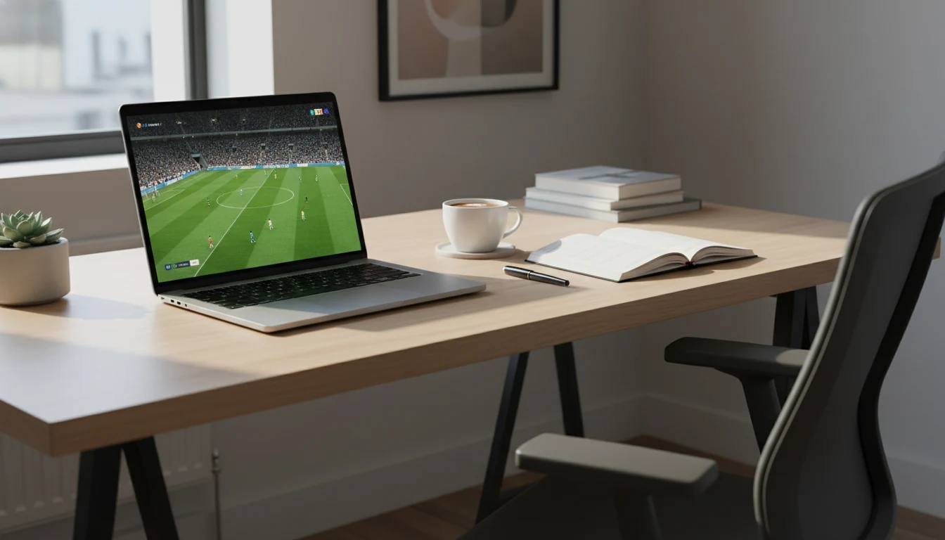 Modern bureau met laptop waarop een voetbalwedstrijd te zien is