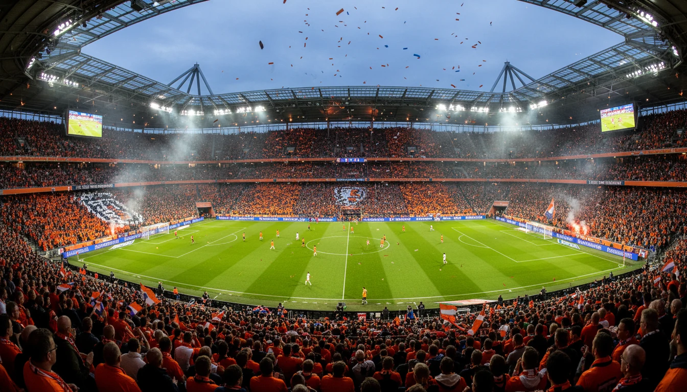 Nederlands voetbalstadion met oranje supportersvakken