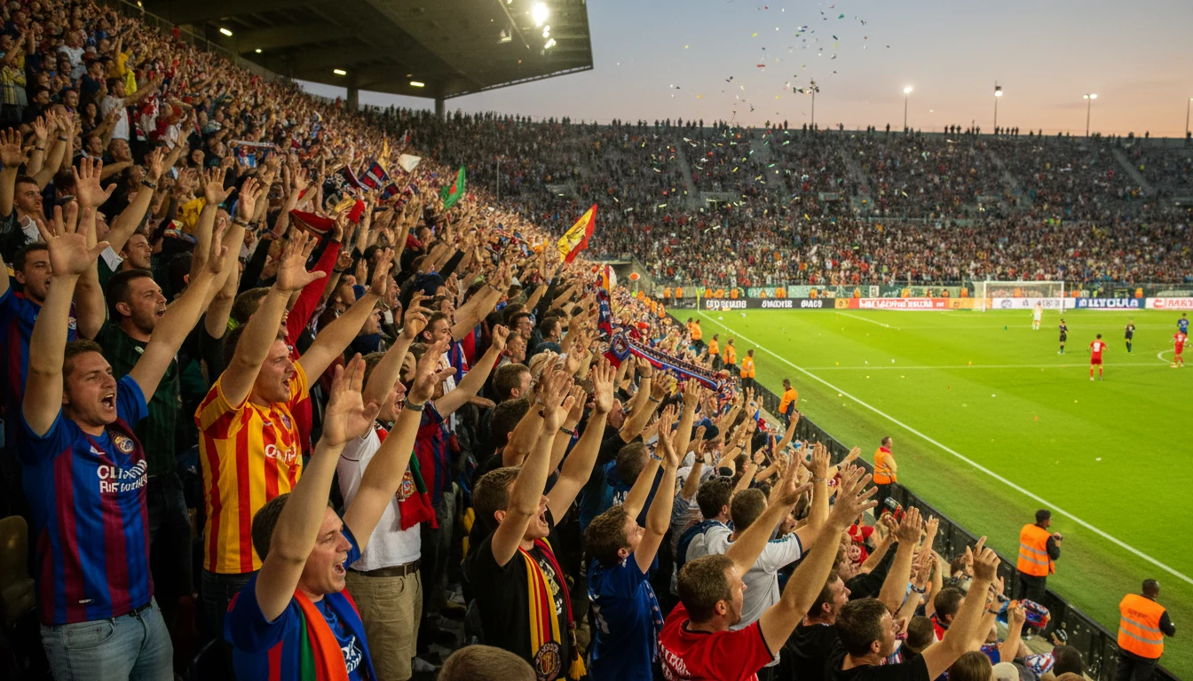 Voetbalfans juichen bij een doelpunt in het stadion