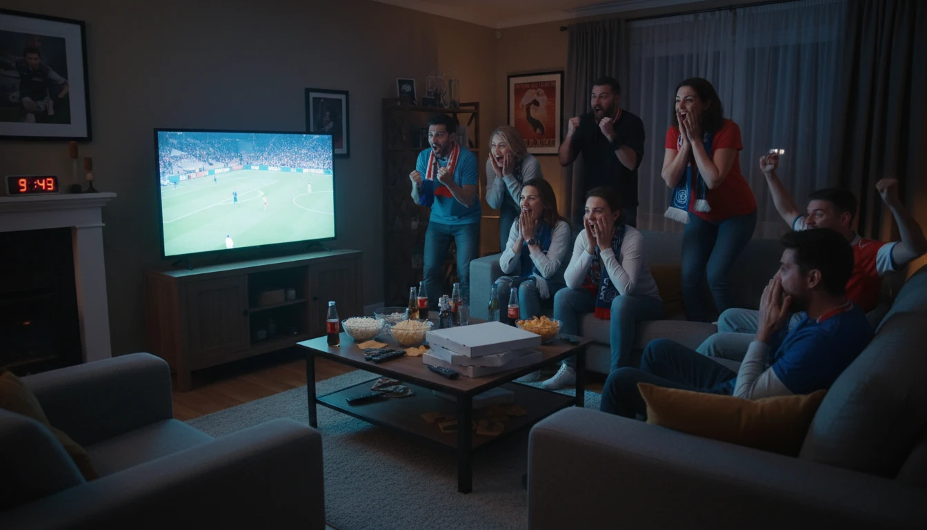 Groep vrienden kijkt samen naar Champions League wedstrijd