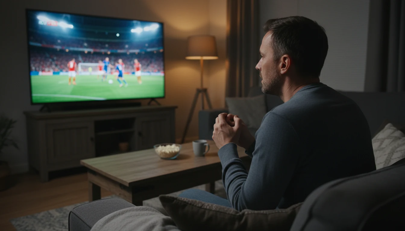 Persoon kijkt gespannen naar een voetbalwedstrijd op televisie