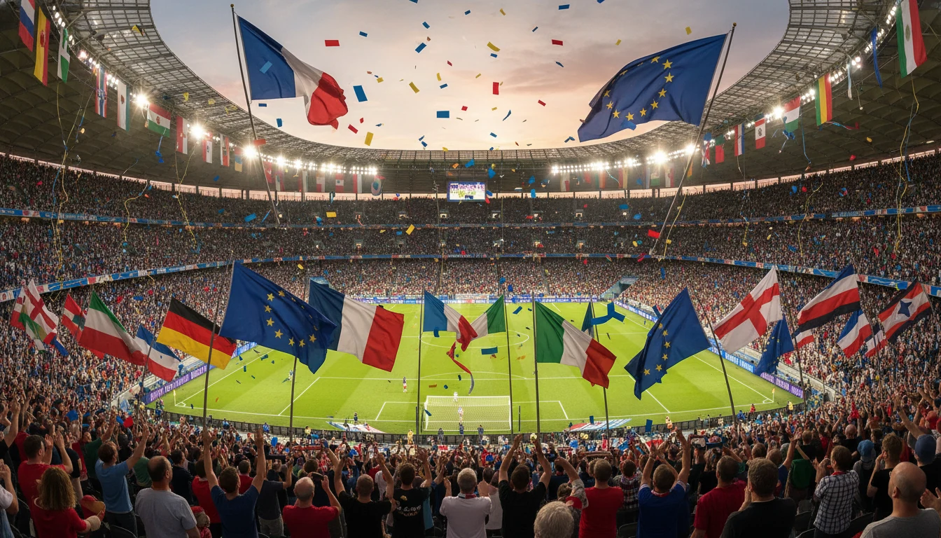 Voetbalstadion met Europese vlaggen en sfeer
