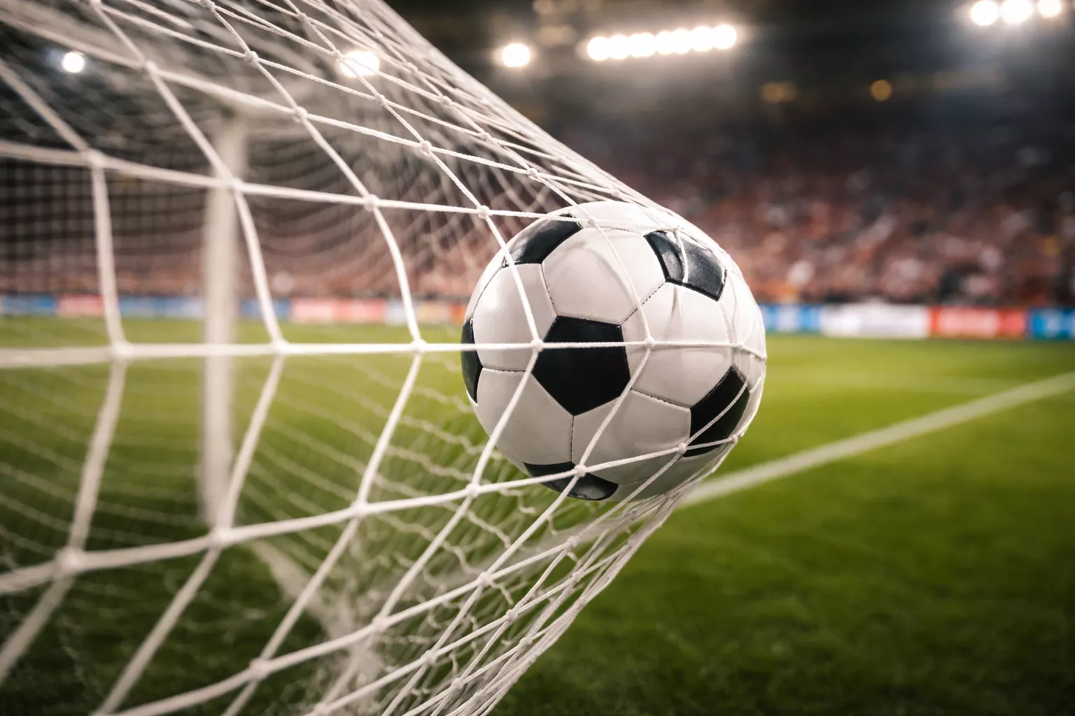 Voetbal vliegt richting doel tijdens professionele wedstrijd