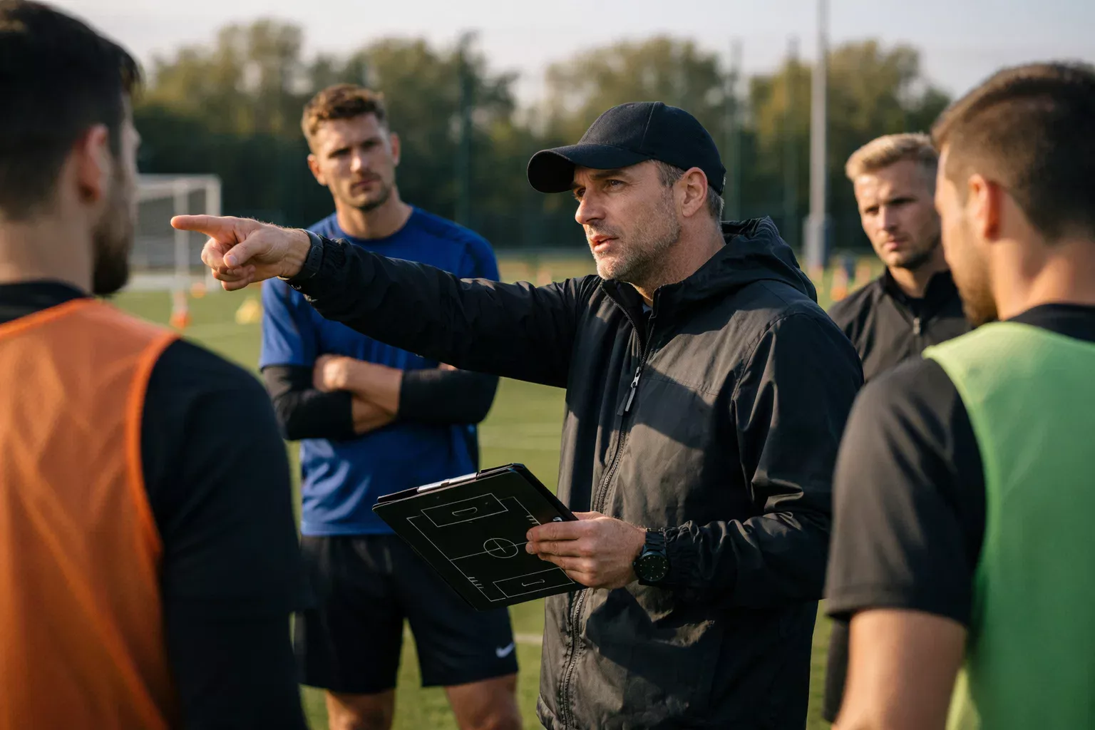 Voetbalcoach analyseert teamtactiek op het veld