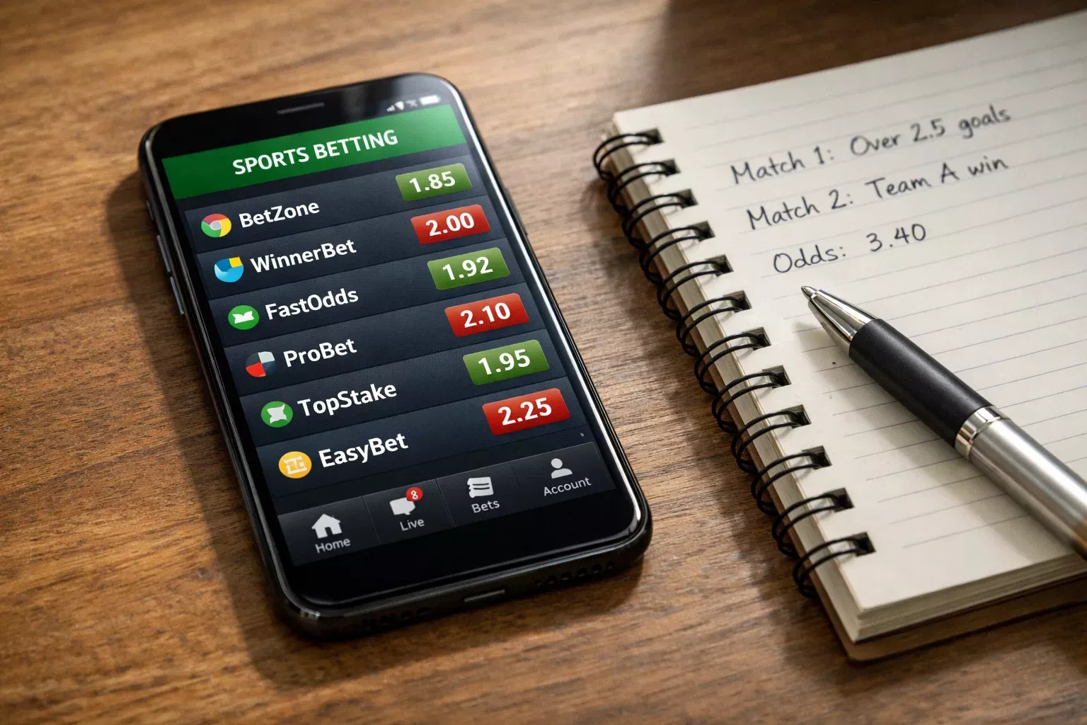 Smartphone met meerdere bookmaker apps en odds vergelijking op scherm