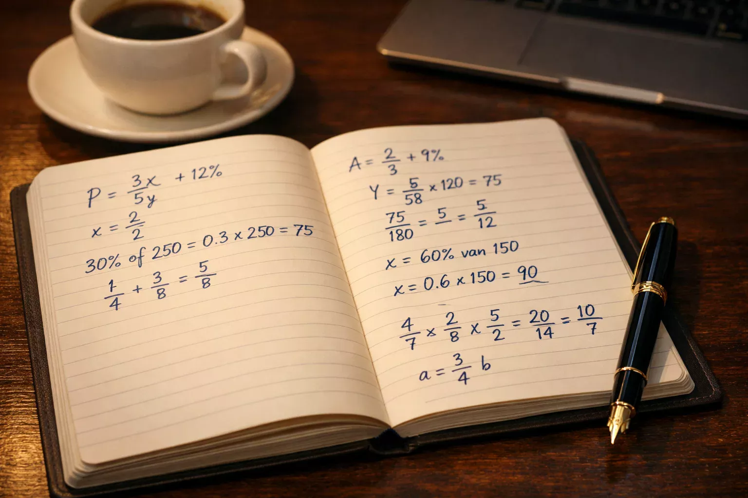 Notitieboek met wiskundige formules en pen op houten bureau
