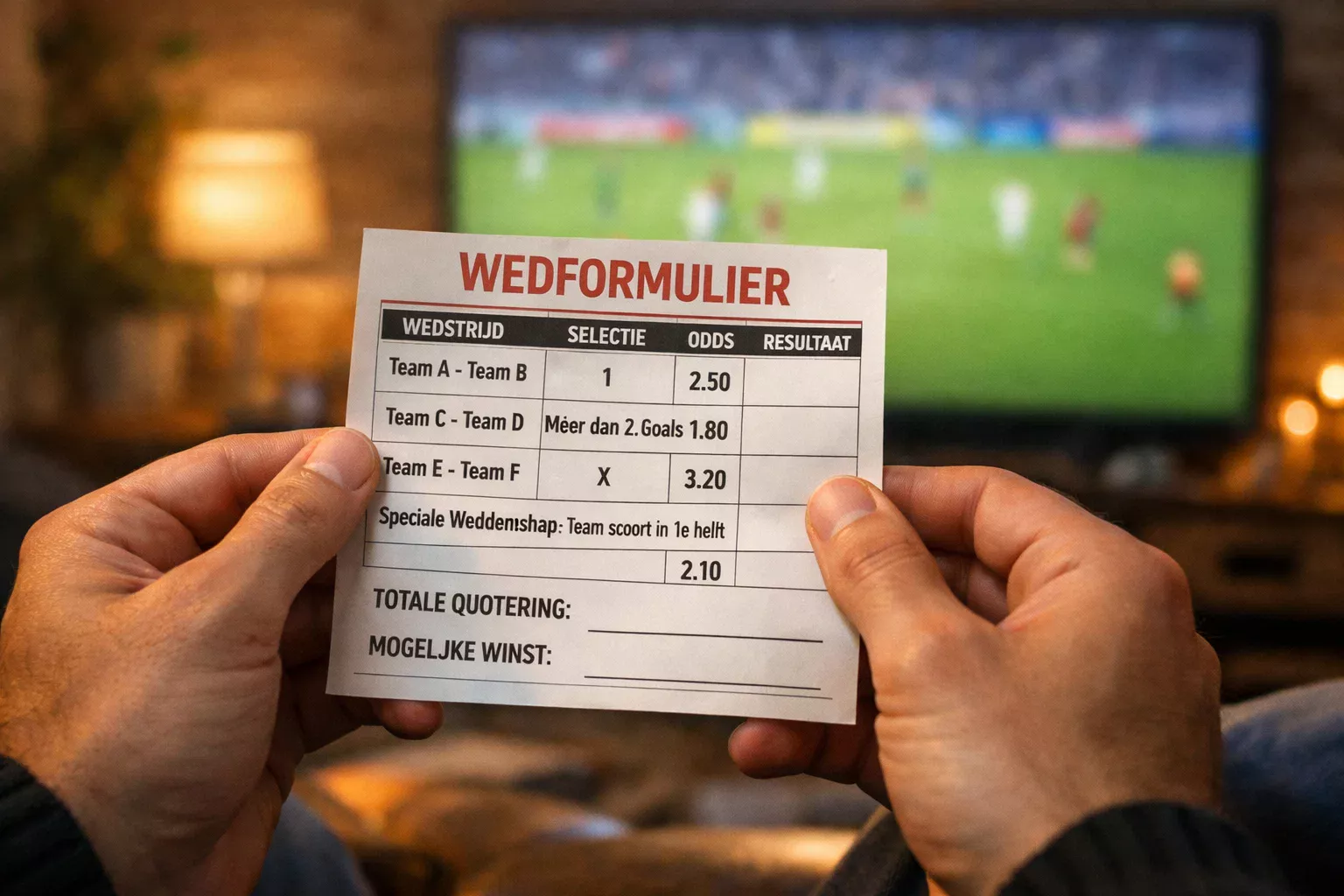 Hand die wedformulier vasthoudt met voetbalwedstrijd op achtergrond