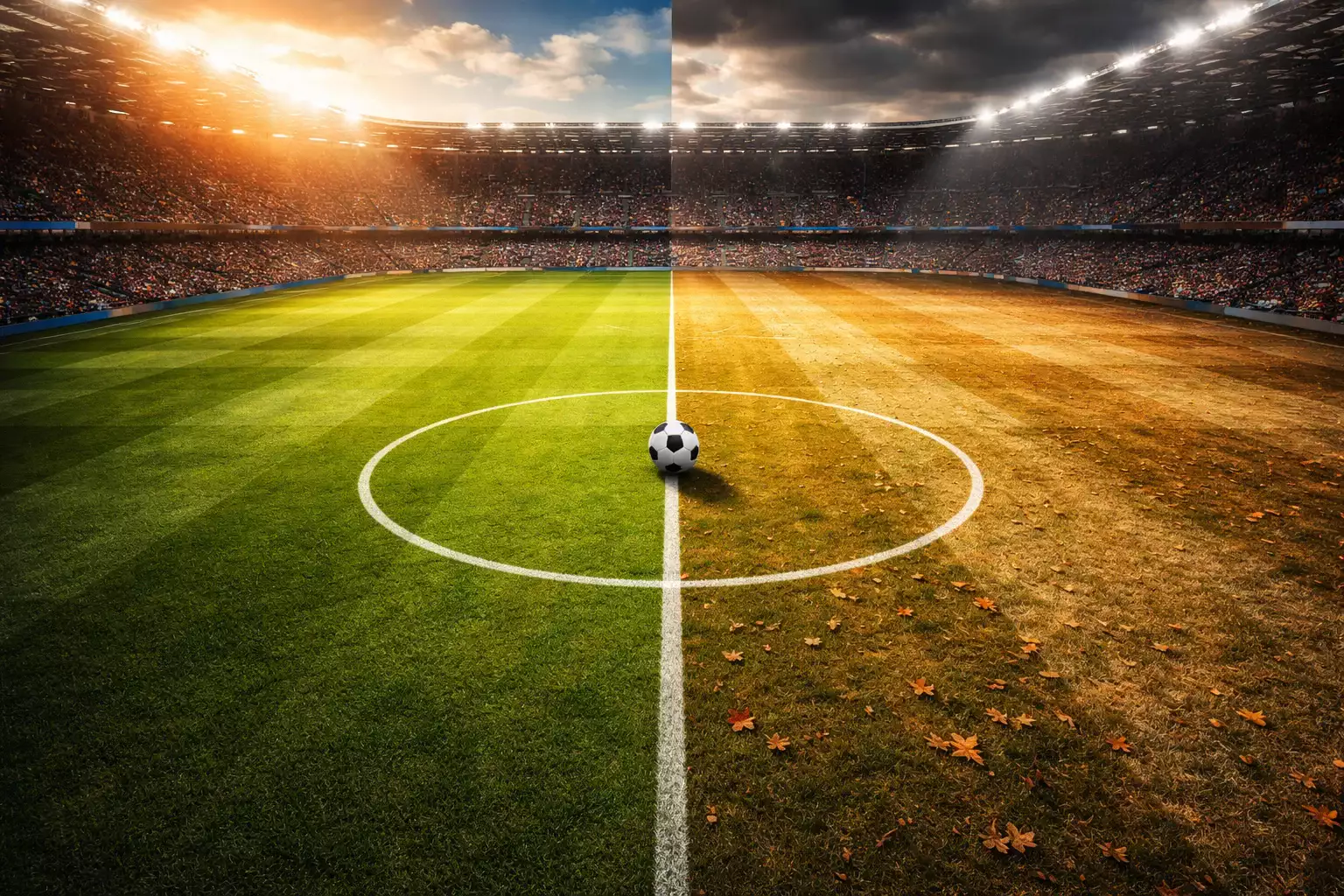 Voetbalveld met wisselende seizoenen van zomer naar winter