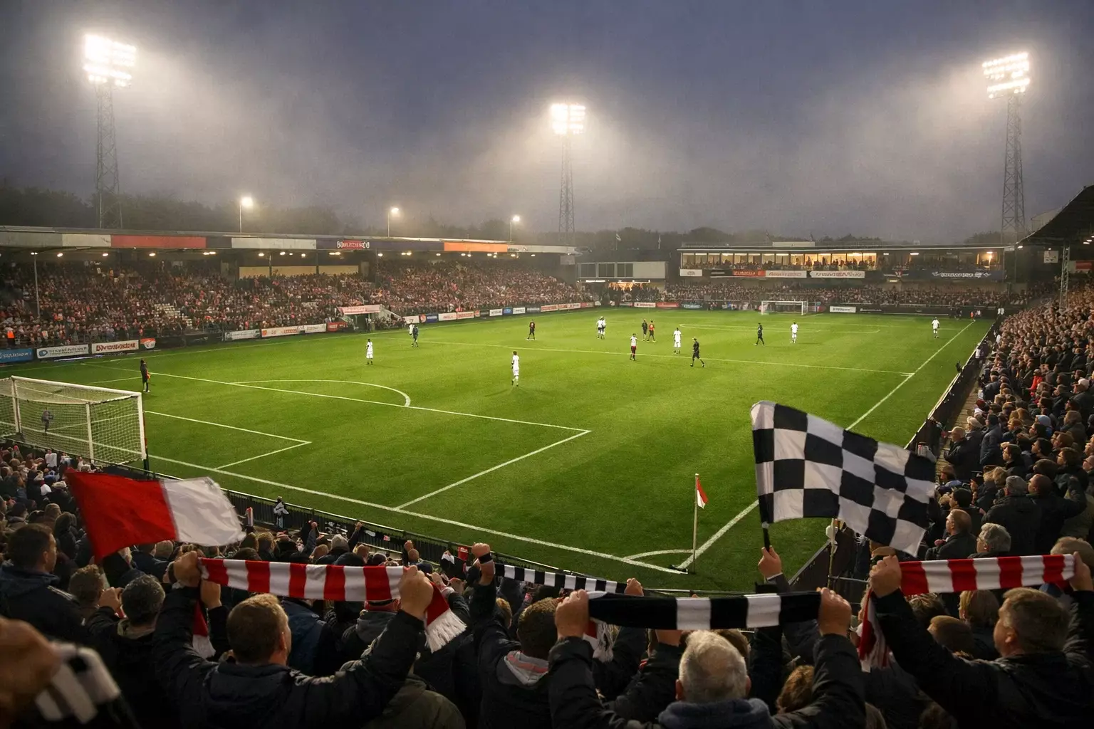 Sfeervolle wedstrijd in een Eerste Divisie stadion met supporters