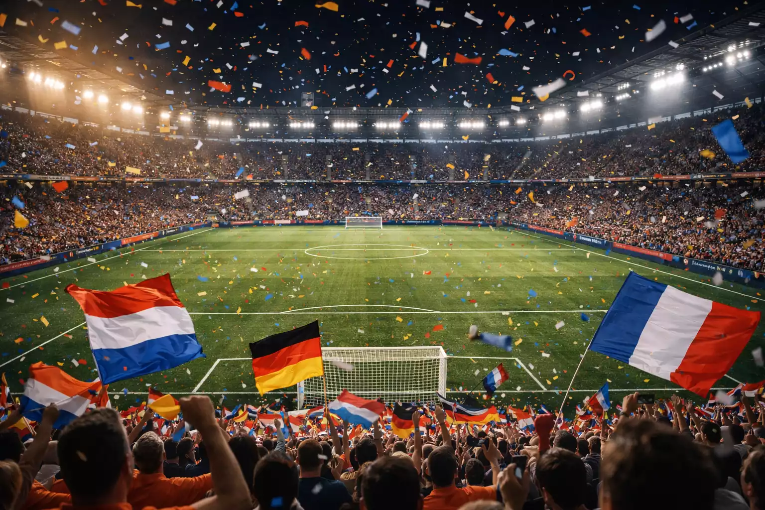 Internationaal voetbaltoernooi met vlaggen van verschillende landen