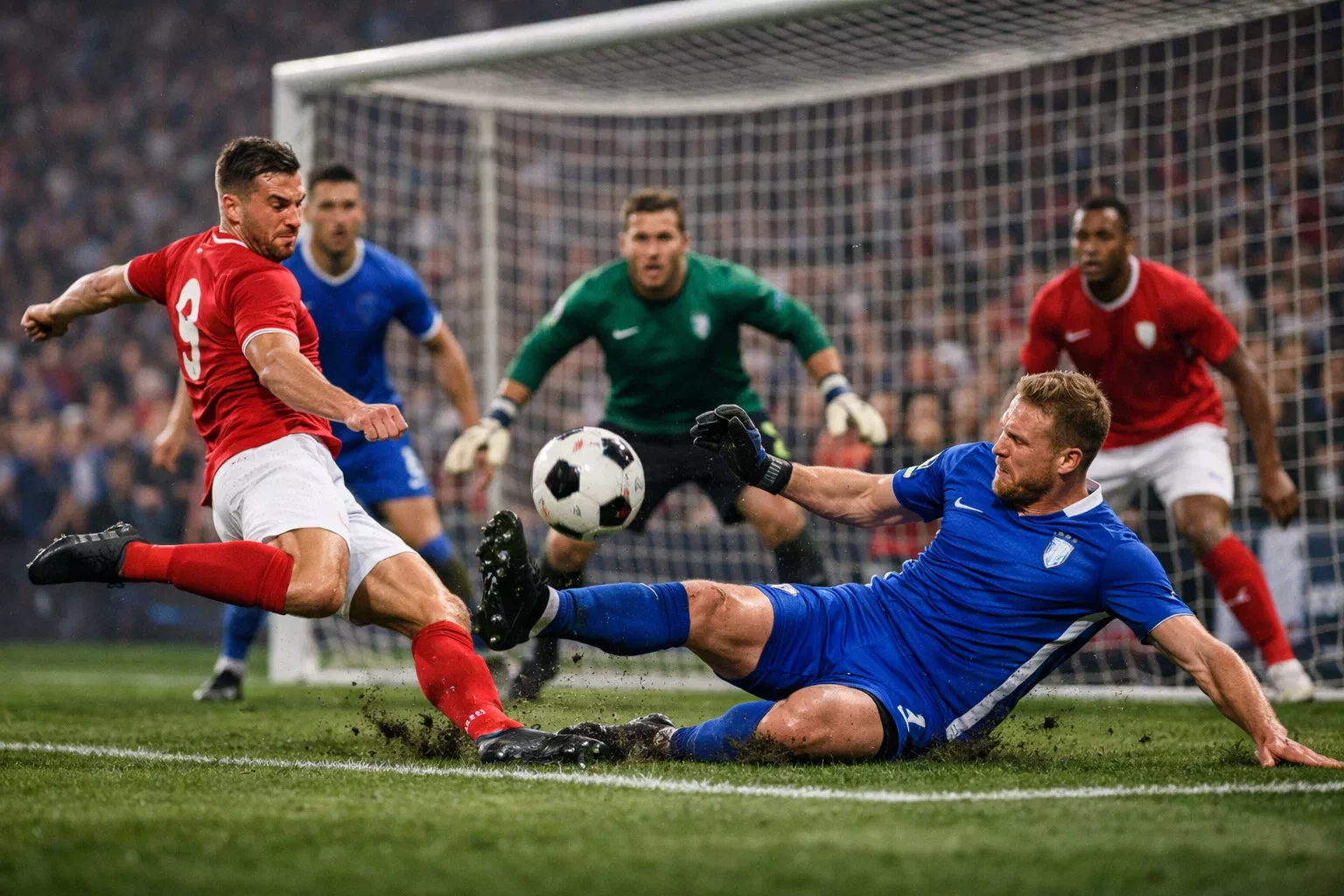 Twee voetbalteams in actie tijdens aanvallende fase