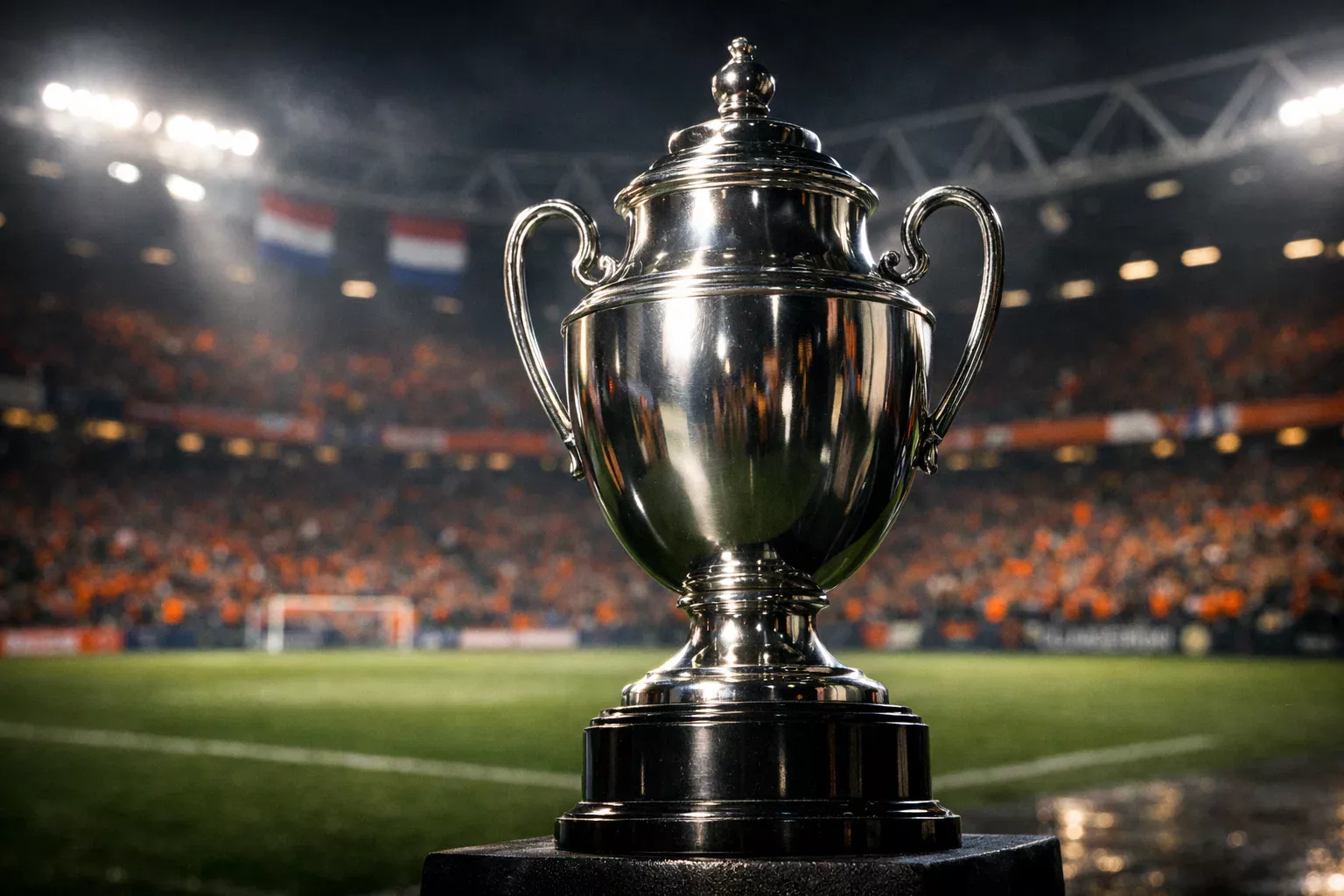 KNVB Beker trofee met voetbalveld en supporters op achtergrond