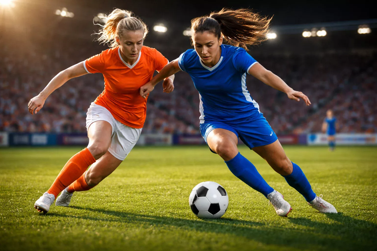 Vrouwenvoetbalwedstrijd op professioneel grasveld met speelsters in actie