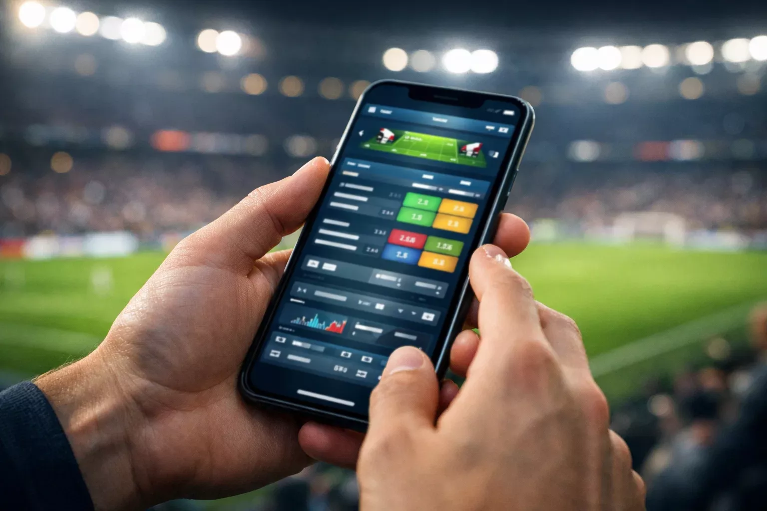 Smartphone met sportwedden app in handen tijdens voetbalwedstrijd
