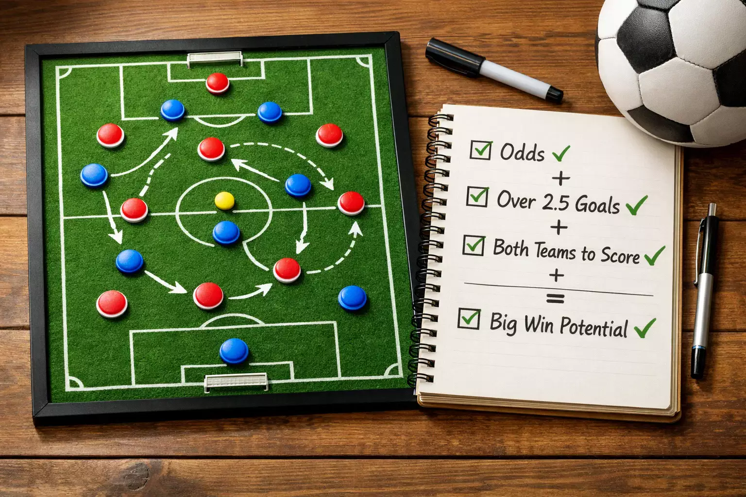 Voetbalveld met tactisch bord en combinatie elementen