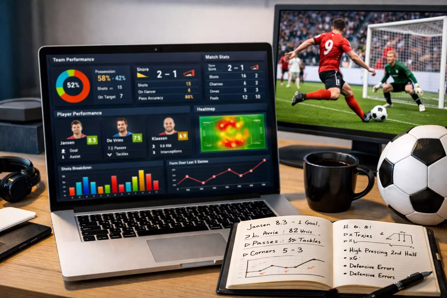 Laptop met voetbalstatistieken en data analyse scherm