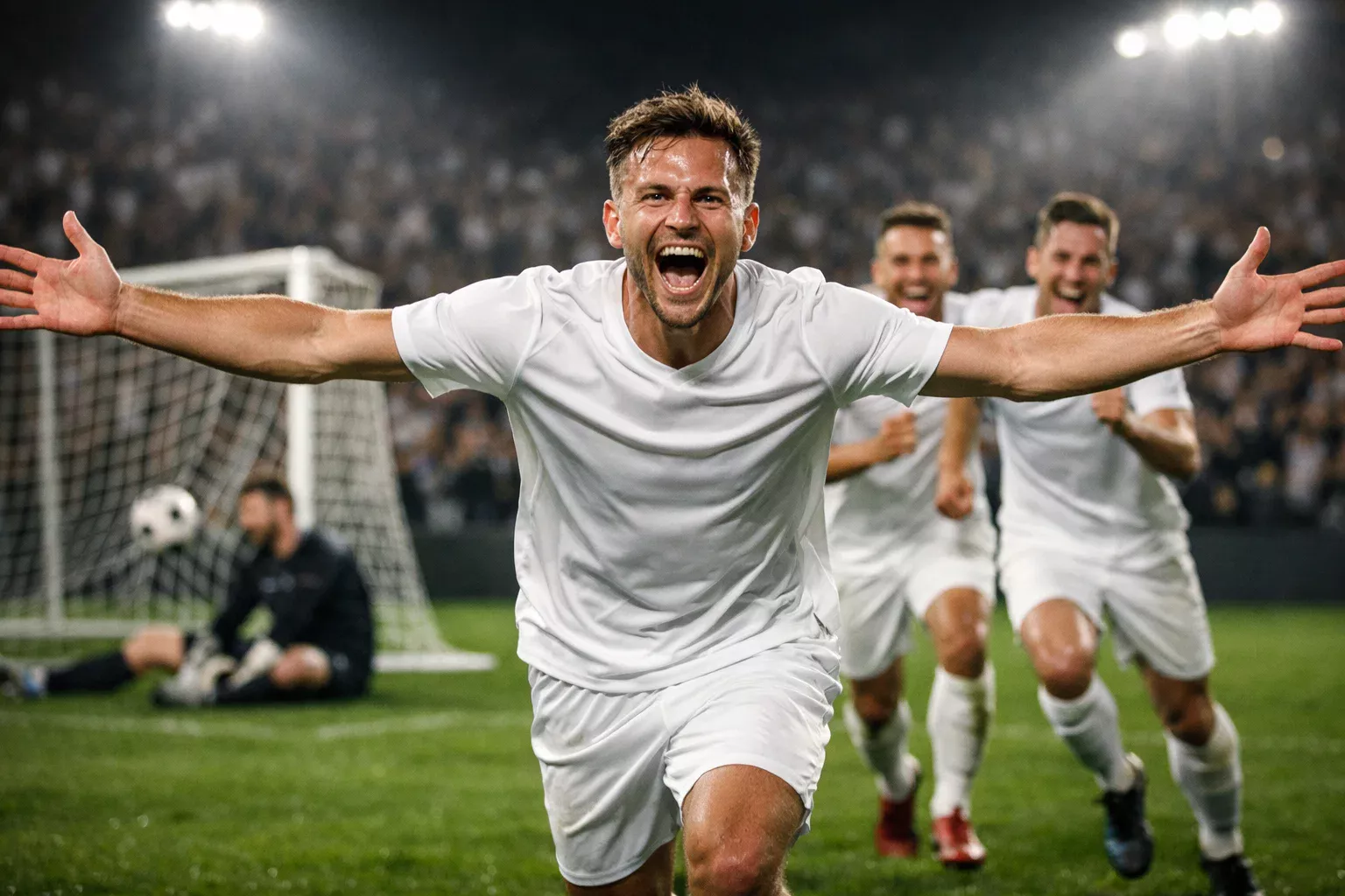 Voetbalspits viert doelpunt met armen omhoog