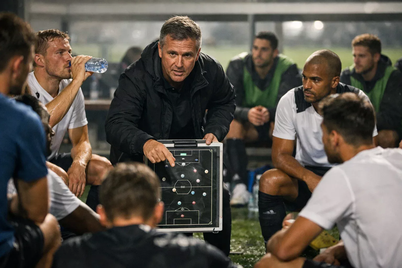 Voetbalteam bespreekt tactiek tijdens rustpauze