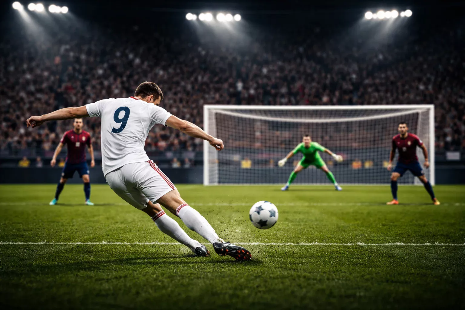 Voetballer schiet op doel vanuit het strafschopgebied