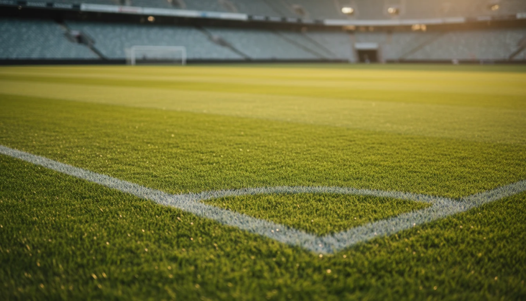 Professioneel voetbalveld met groene grasmat en witte lijnen