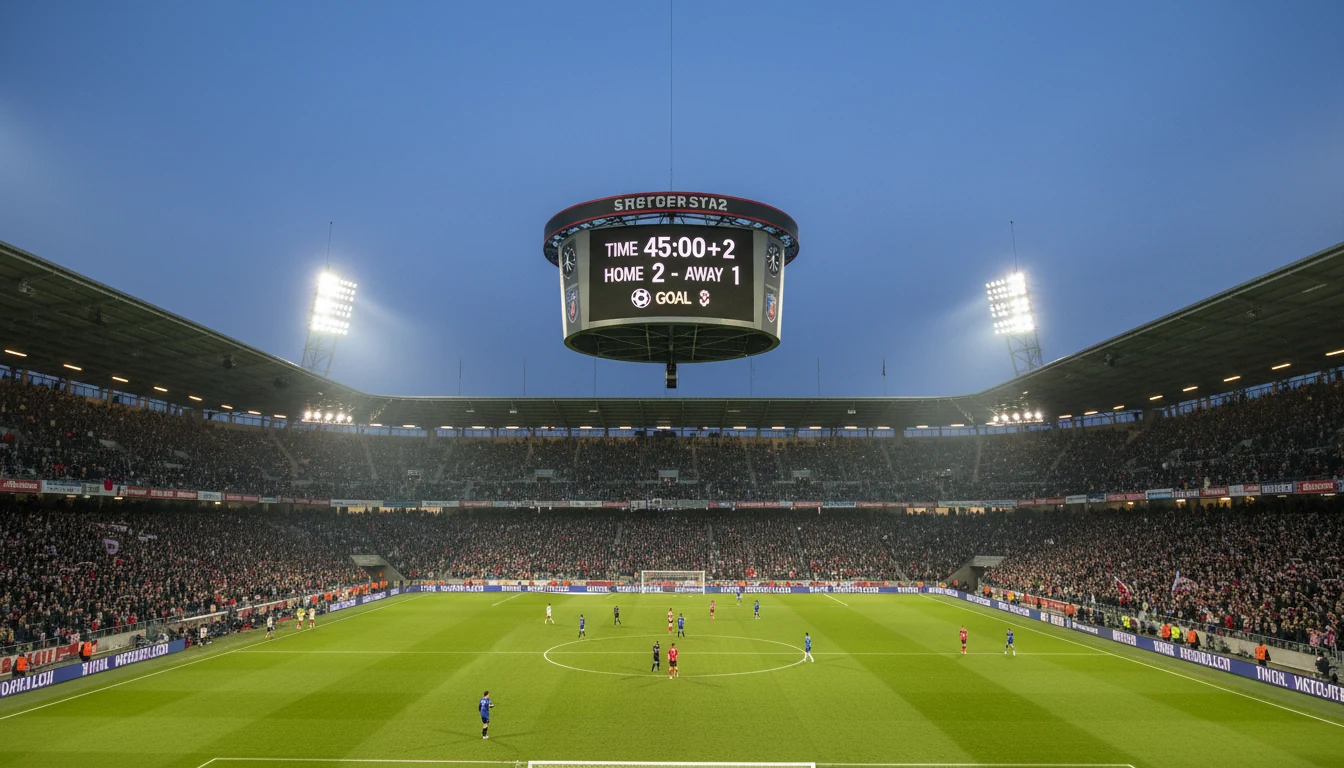 Voetbalwedstrijd met scorebord op de achtergrond
