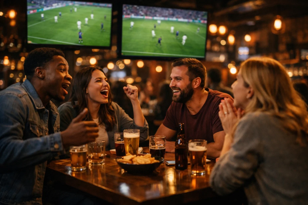 Voetbalfans kijken naar live wedstrijd op groot scherm in sportbar