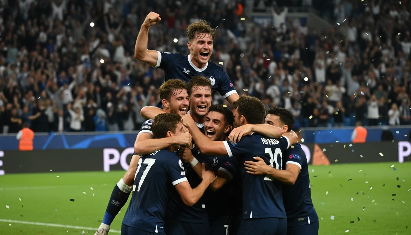 Voetballer viert een doelpunt met teamgenoten