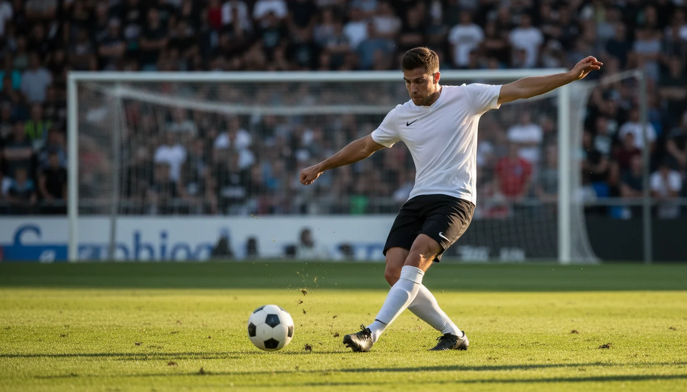 Voetballer die de bal naar het doel schiet