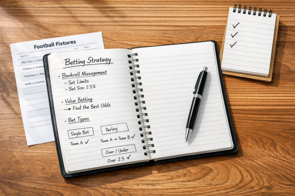 Notitieblok met wedstrategie en pen op houten tafel