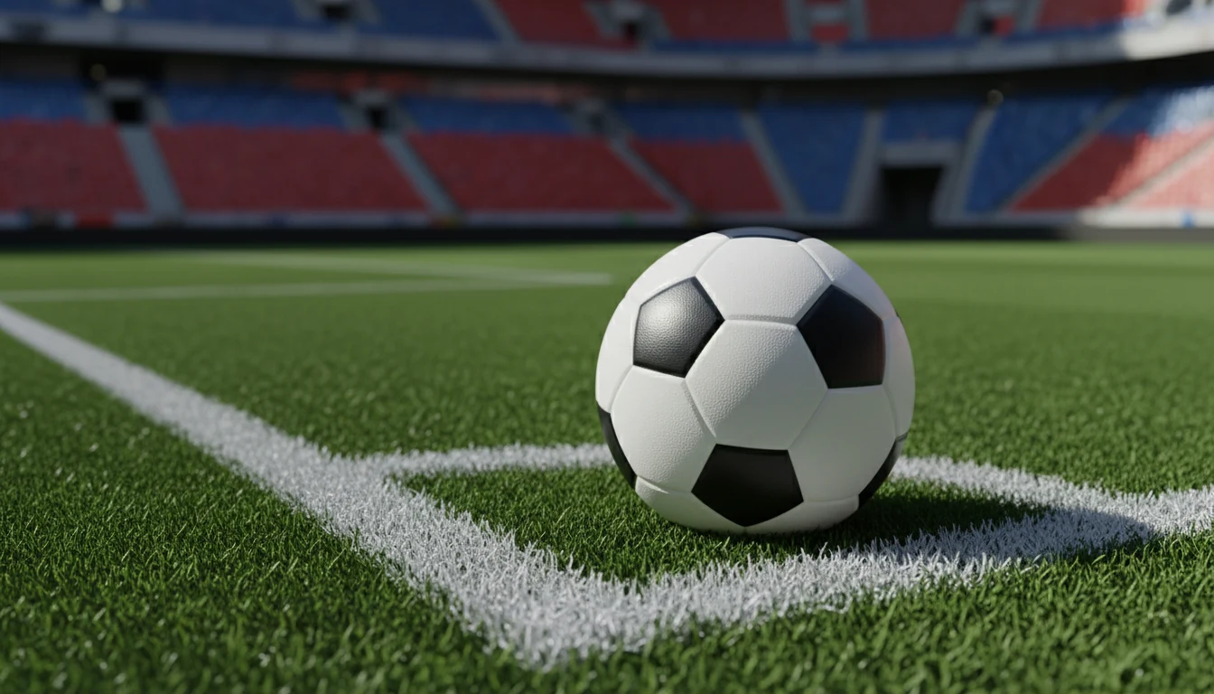 Voetbal op een professioneel grasveld met stadion achtergrond