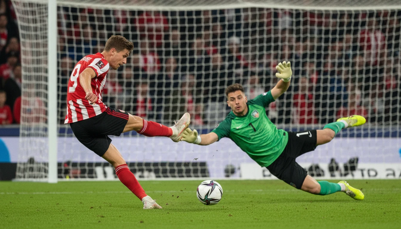 Close-up van voetbalwedstrijd actie bij het doel