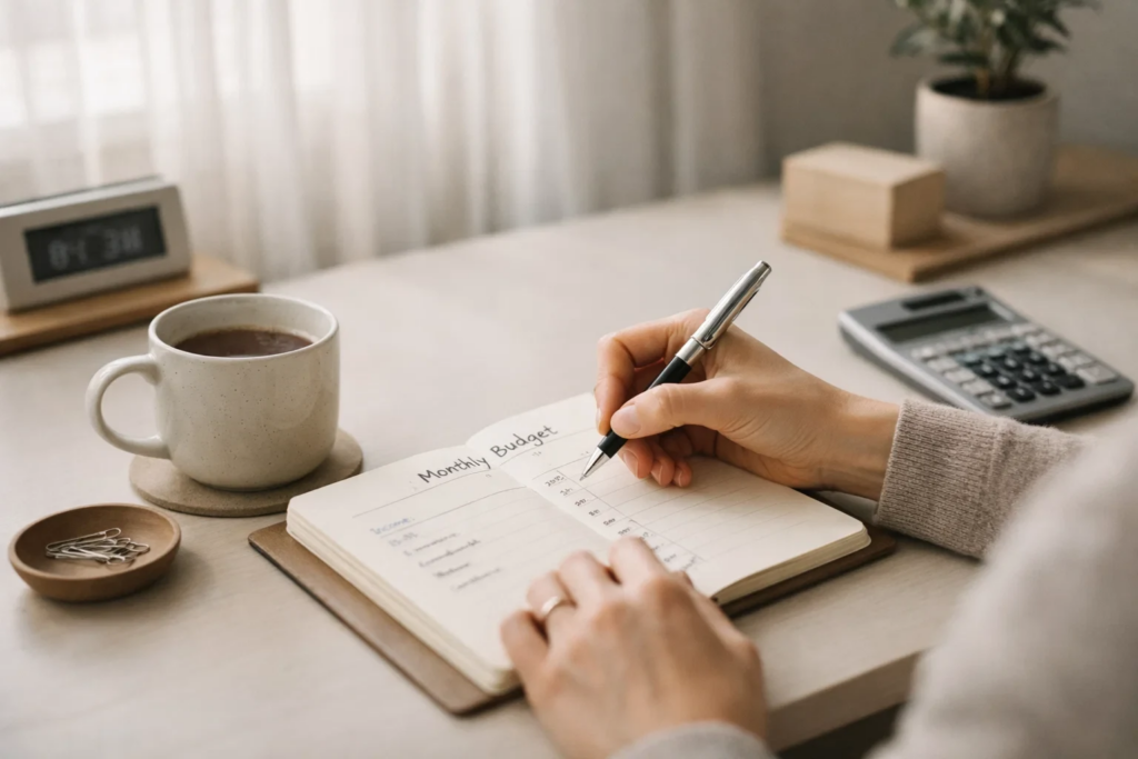 Persoon maakt notities in agenda naast kop koffie