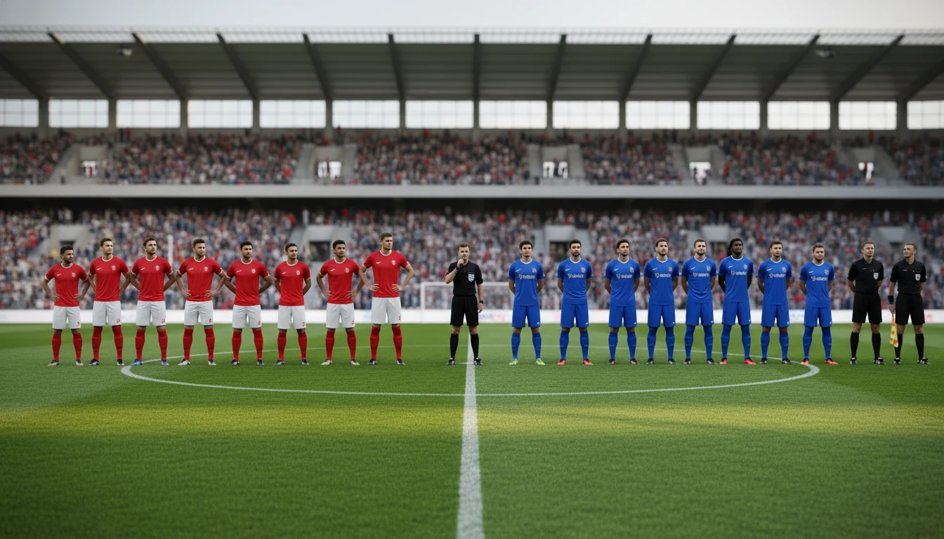 Twee voetbalteams in verschillende shirts tegenover elkaar opgesteld