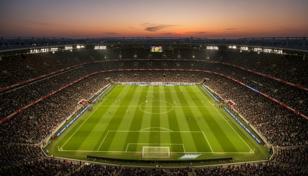 Voetbalstadion met sfeervolle verlichting tijdens een avondwedstrijd
