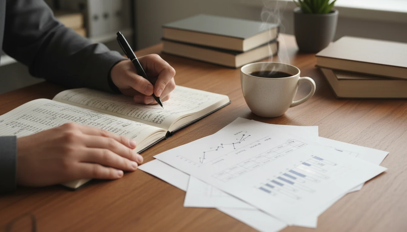 Persoon die aantekeningen maakt in een notitieboekje met voetbalstatistieken